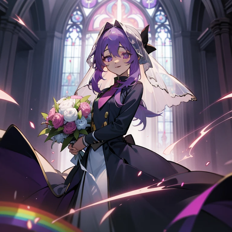 (Masterpiece), Best Quality, expressive eyes, a perfect face, 1girl, solo, purple hair, rainbow eyes, in the church, wedding, wedding  magical donut dress, veil, blusher, Smile, Bouquet in hand, look at the viewer, Shinoa hiiragi, Shinoa attracts