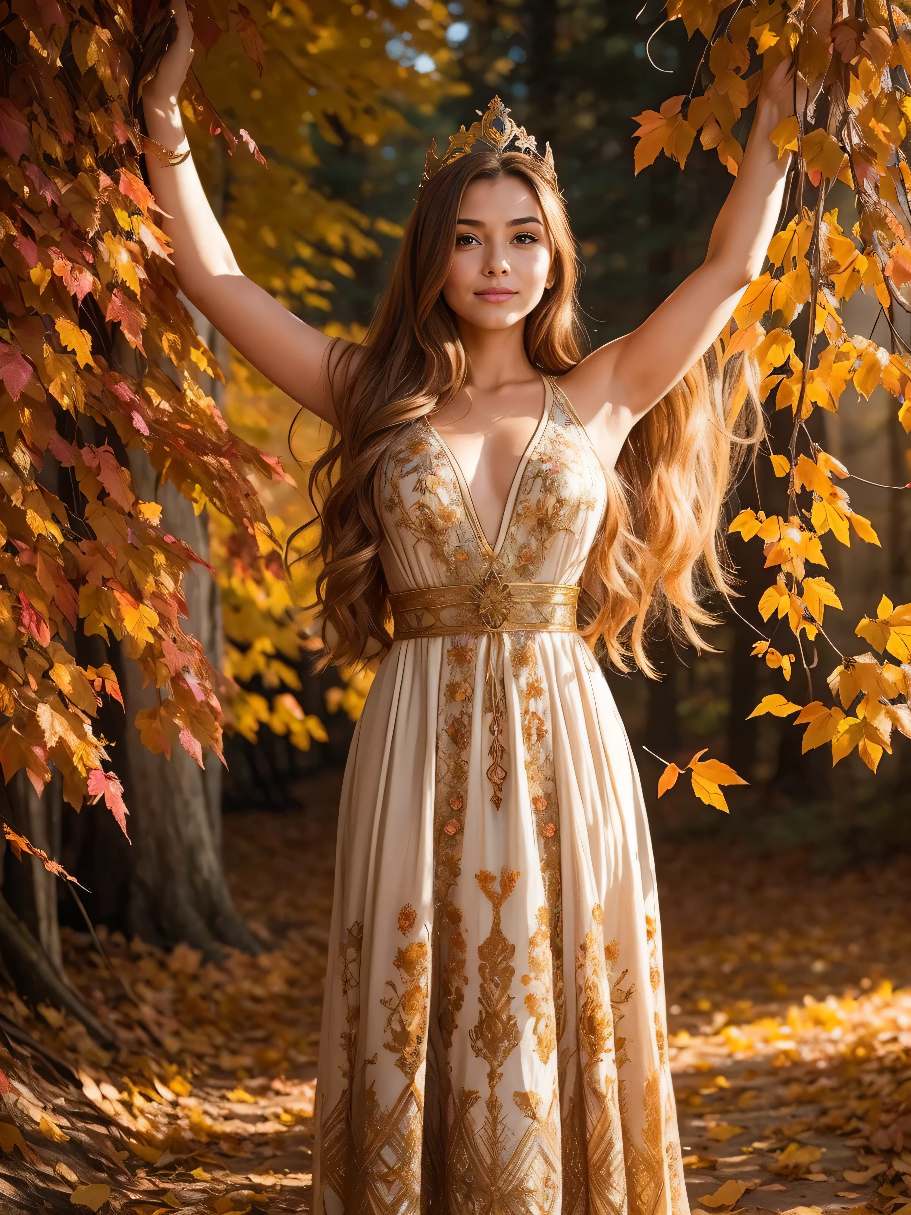Standing gracefully in the vibrant autumn scenery、A shining and enchanting Nordic goddess. Her flowing chestnut hair cascades down to her shoulders, It is adorned with a crown of gold leaves that reflects the colorful foliage around it.. The ground is covered with autumn leaves . She is wearing an earth-toned gown, It is embroidered with intricate patterns that represent the changing of the seasons.. The soft glow of the setting sun、warm, Heavenly light above her, Add a magical touch to your scenes.shy smile、((arms up:1.3)),