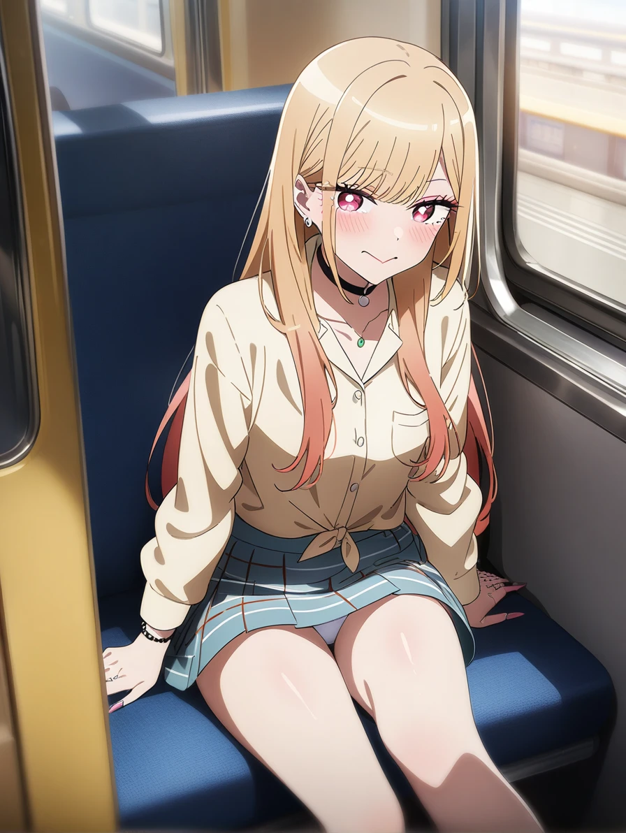 1girl, kitagawa marin, sono bisque doll wa koi wo suru, in train, sitting, panties, closed mouth, key visual, highly detailed, masterpiece, best quality, very aesthetic, absurdres