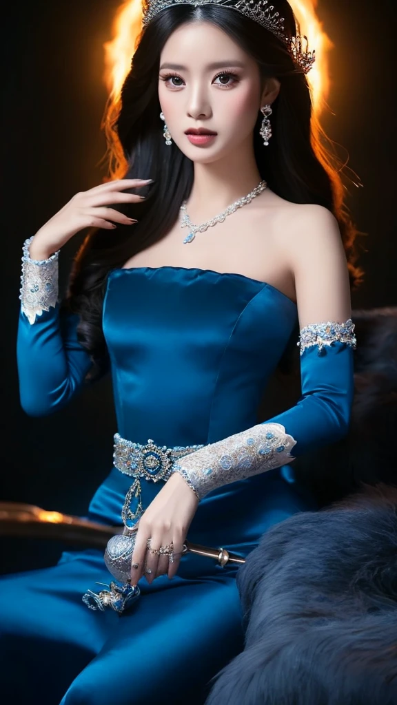 Indonesian woman in blue dress with tiable and tiable, royal graceful pose, beautiful woman princess, princess portrait, beautiful fantasy empress, portrait of a princess, princess portrait, inspired by reyna rochin, portrait portrait, glamorous portrait, dramatic namenlos portrait, dream queen portrait , beautiful princess, black cloth background and a collection of blue and white smoke