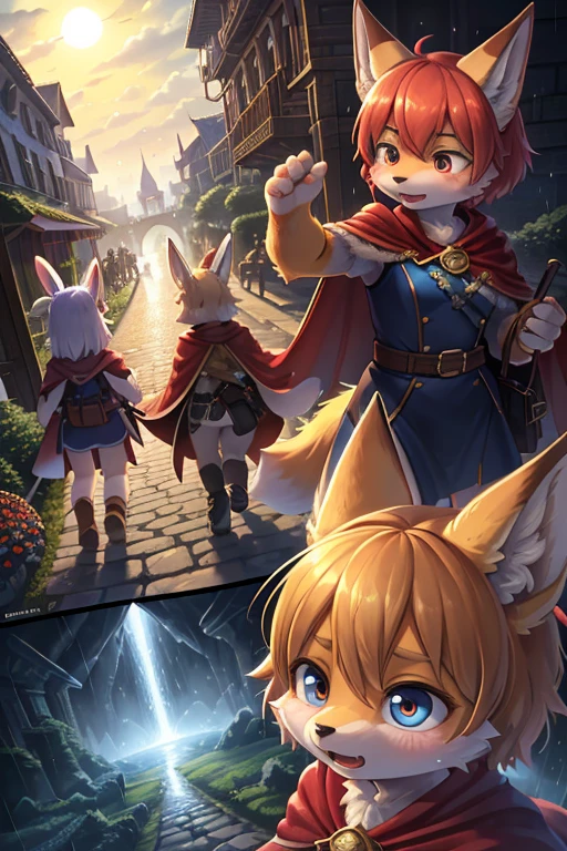 The various events that occur during the journey form the story of the film. As the film is traveling , High-definition , Ultra-high definition characters , various view , happening scene , dynamic move , 1 hairy Short stature fox girl with Townspeople , (realistic hairy bunny fur) , round face , (tilt face:1.2) , (half-open eyes) , Swollen cheeks , glossy lips , (Looking away , Look around:1.2) , (wearing fantastic wear and Cape) , travel bag , Walking around the fantasy world , dynamic angle , action move , Joy, anger, sorrow, and happiness , sunny , rainy , night and day , Spring, Summer, Autumn, Winter , Introduction, development, twist and conclusion , Labyrinth Exploration