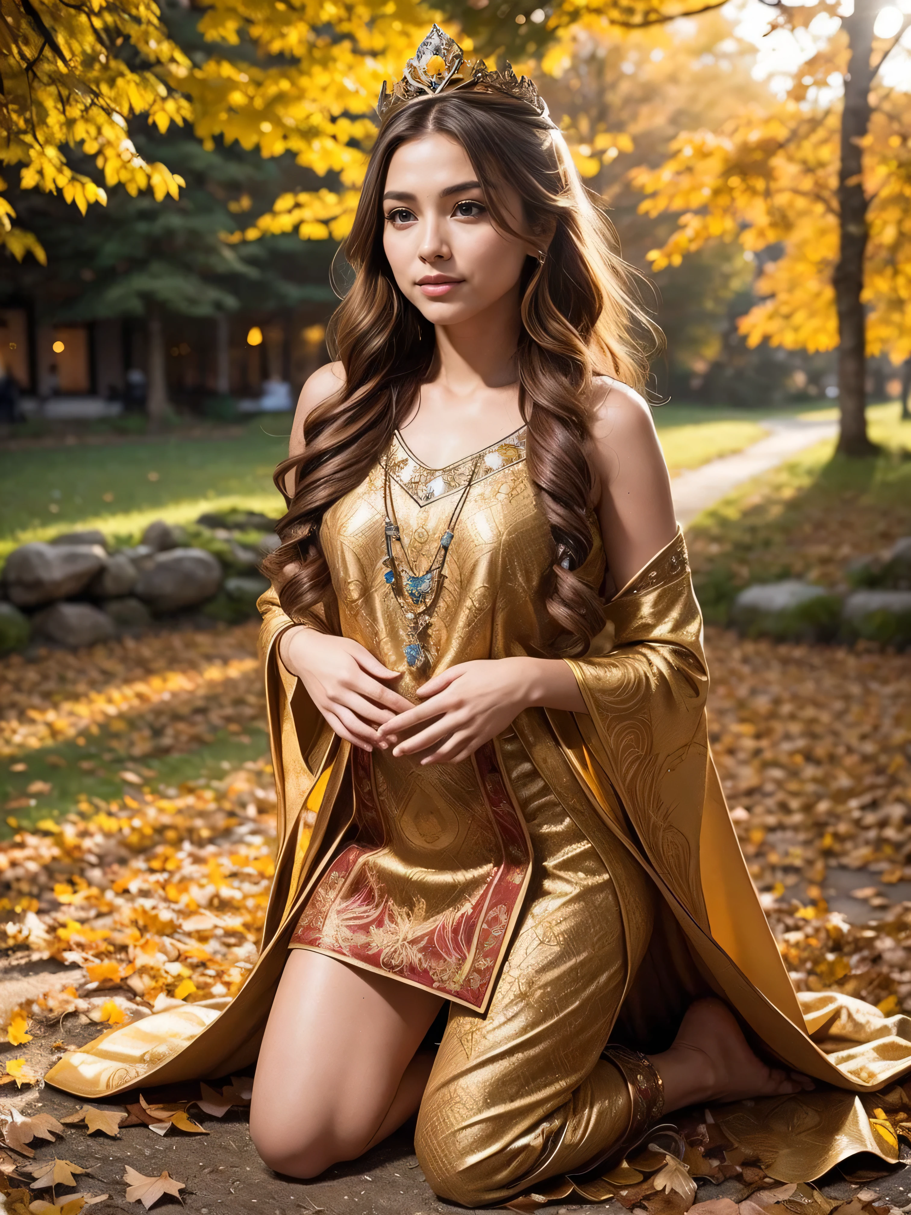 Standing gracefully in the vibrant autumn scenery、A shining and enchanting Nordic goddess. Her flowing chestnut hair cascades down to her shoulders, It is adorned with a crown of gold leaves that reflects the colorful foliage around it.. The ground is covered with autumn leaves . She is wearing an earth-toned gown, It is embroidered with intricate patterns that represent the changing of the seasons.. The soft glow of the setting sun、warm, Heavenly light above her, Add a magical touch to your scenes.shy smile、((arms up:1.3)), ((kneeling on one leg:1.3))