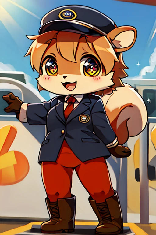 boy, squirrel, furry, bodyfur, blazer, bottomless, color tights, gloves, boots, chibi, happy, sparkling eyes, train, train driver, ><