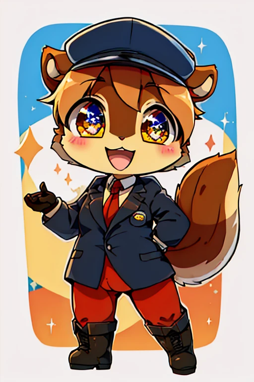 boy, chipmunk, furry, bodyfur, blazer, bottomless, color tights, gloves, boots, chibi, happy, sparkling eyes, train