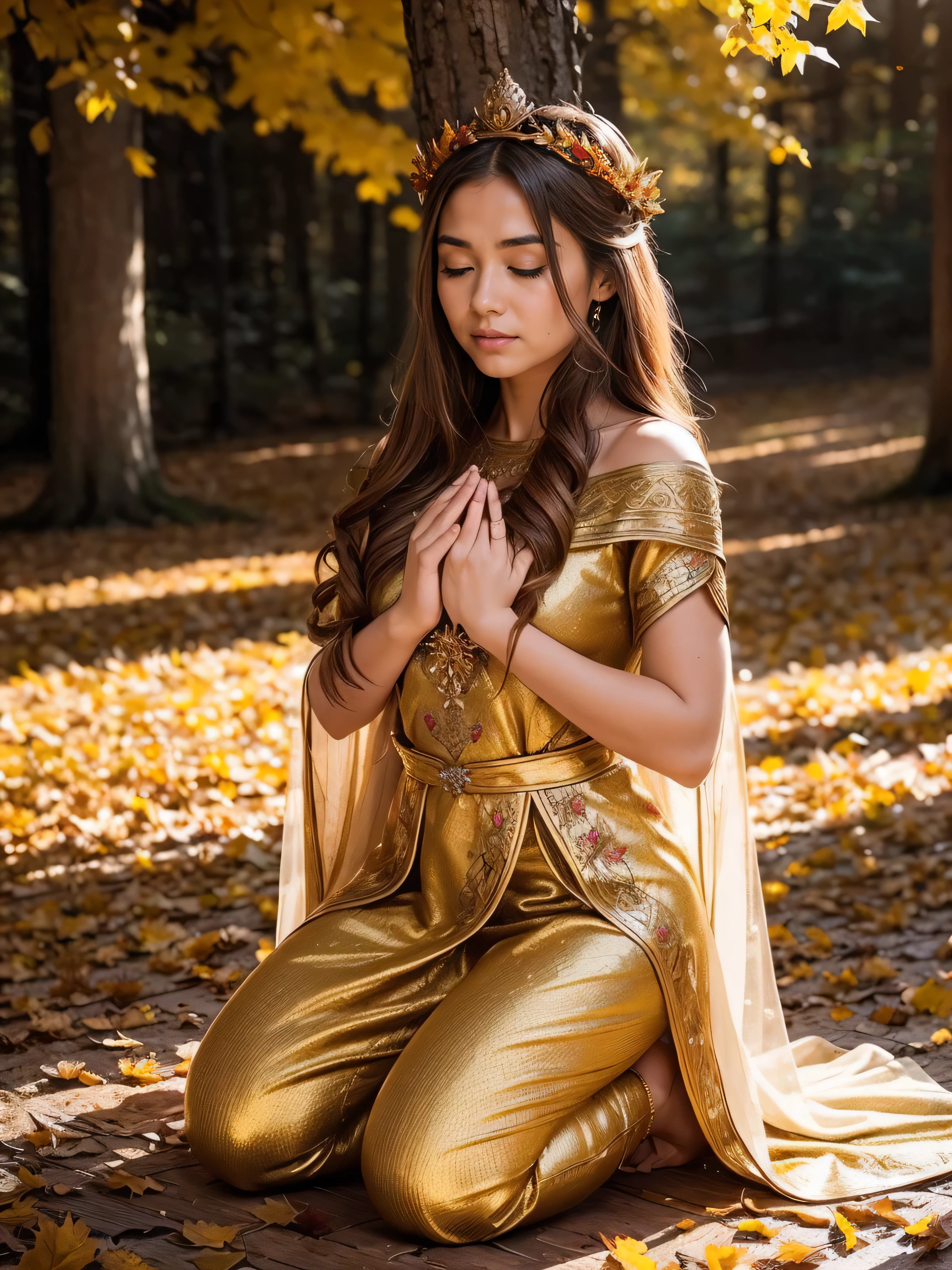 Standing gracefully in the vibrant autumn scenery、A shining and enchanting Nordic goddess. Her flowing chestnut hair cascades down to her shoulders, It is adorned with a crown of gold leaves that reflects the colorful foliage around it.. The ground is covered with autumn leaves . She is wearing an earth-toned gown, It is embroidered with intricate patterns that represent the changing of the seasons.. The soft glow of the setting sun、warm, Heavenly light above her, Add a magical touch to your scenes.shy smile、((arms up:1.3)), ((kneeling on one leg:1.3)),open her mouth wide,pray ing hardly
