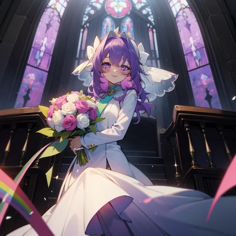 (Masterpiece), Best Quality, expressive eyes, a perfect face, 1girl, solo, purple hair, rainbow eyes, in the church, wedding, wedding  magical donut dress, veil, blusher, Smile, Bouquet in hand, look at the viewer, Shinoa hiiragi, Shinoa attracts