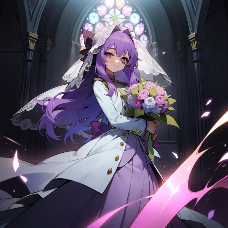 (Masterpiece), Best Quality, expressive eyes, a perfect face, 1girl, solo, purple hair, rainbow eyes, in the church, wedding, wedding  magical donut dress, veil, blusher, Smile, Bouquet in hand, look at the viewer, Shinoa hiiragi, Shinoa attracts