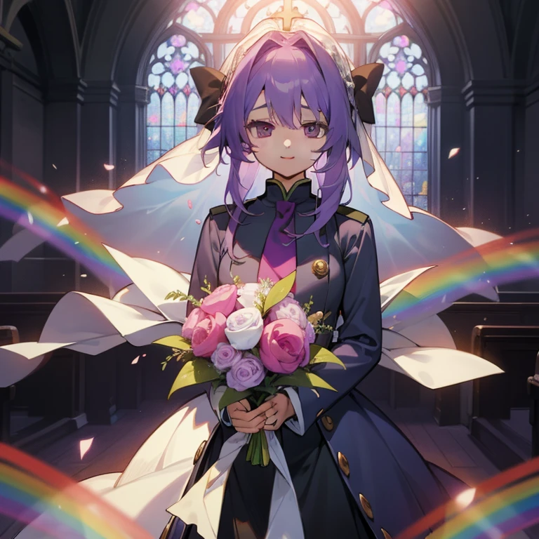 (Masterpiece), Best Quality, expressive eyes, a perfect face, 1girl, solo, purple hair, rainbow eyes, in the church, wedding, wedding  magical donut dress, veil, blusher, Smile, Bouquet in hand, look at the viewer, Shinoa hiiragi, Shinoa attracts