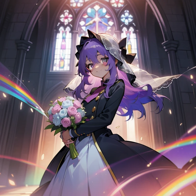 (Masterpiece), Best Quality, expressive eyes, a perfect face, 1girl, solo, purple hair, rainbow eyes, in the church, wedding, wedding magical donut dress, veil, blusher, Smile, Bouquet in hand, look at the viewer, Shinoa hiiragi, Shinoa attracts