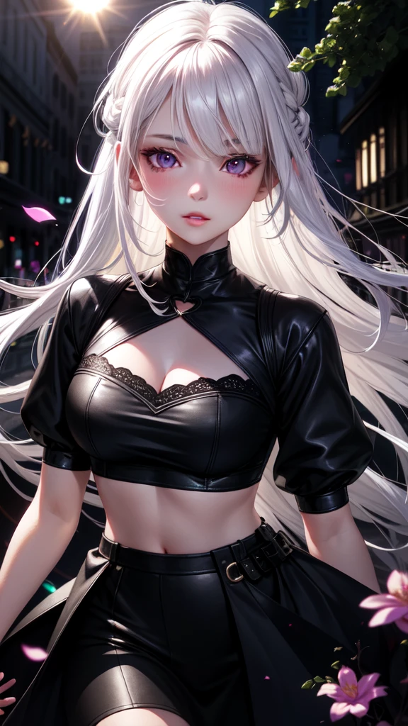 realistic, 1girl, white hair, purple eyes, glowing eyes, crop top, skirt, parted lips, blush, night, flowers, sun, sunlight,