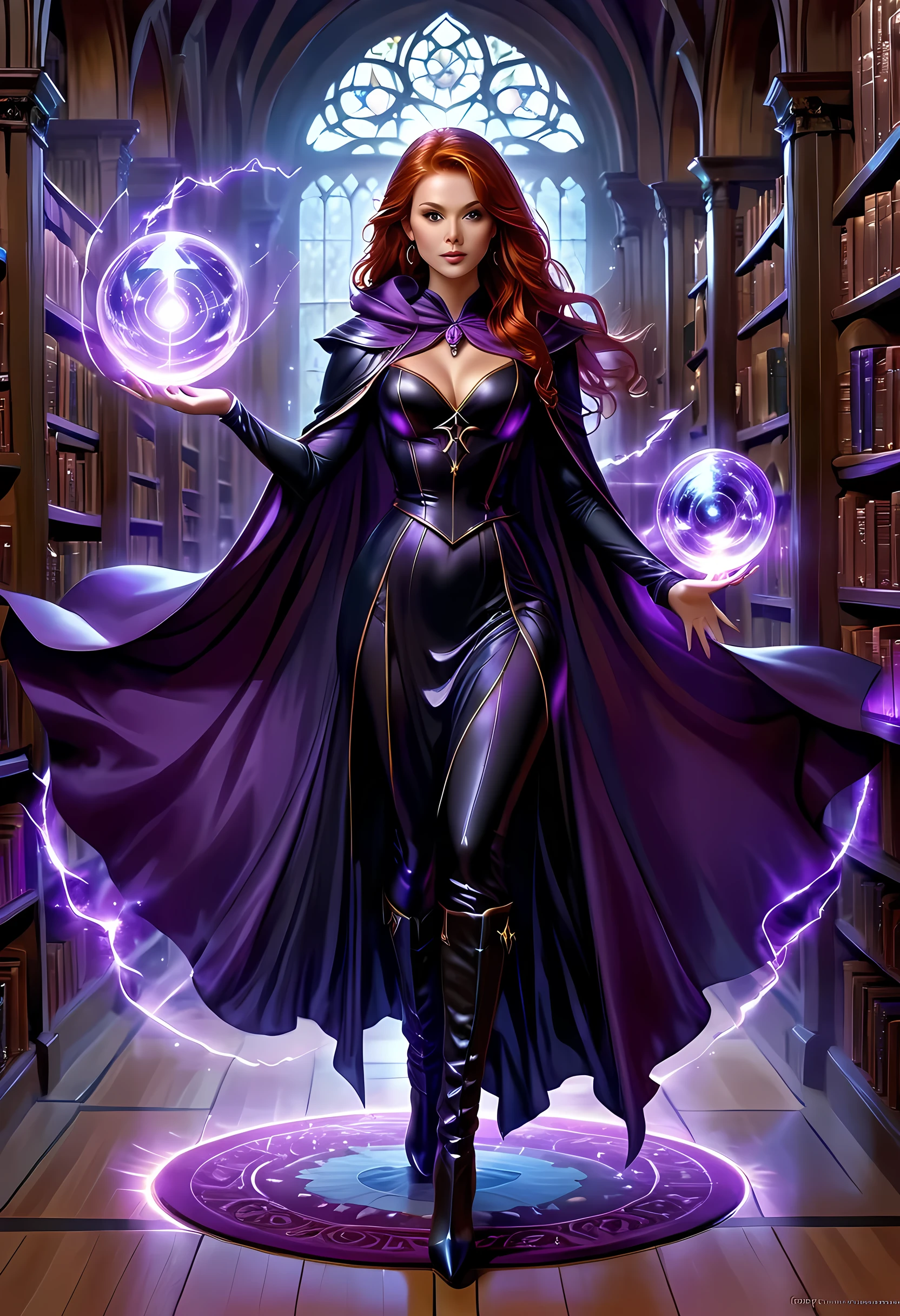 high details, best quality, 16k, [ultra detailed], masterpiece, best quality, (extremely detailed), full body, ultra wide shot, julie bell style (ultra details, Masterpiece, best quality), fantasy art, dnd art,fantasy art, realistic art, a sorceress casting a Glowing Purple spell in magical library (ultra details, Masterpiece, best quality), exquisite beautiful human woman (ultra details, Masterpiece, best quality), red hair, long hair, (long black dress: 1.2), (white cloak: 1.3), high heeled boots (ultra details, Masterpiece, best quality) Glowing Purple