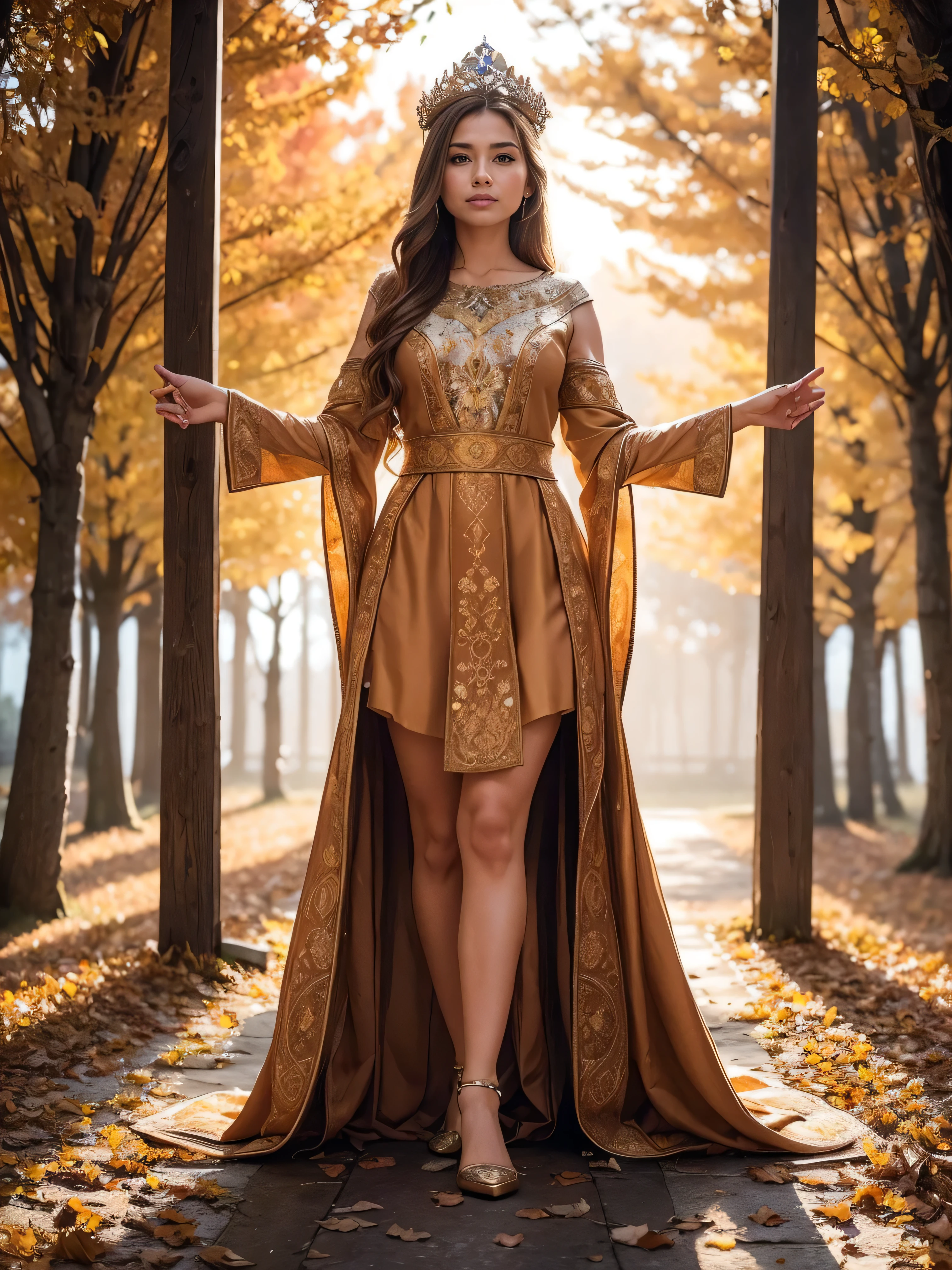 Standing gracefully in the vibrant autumn scenery、A shining and enchanting Nordic goddess. Her flowing chestnut hair cascades down to her shoulders, It is adorned with a crown of gold leaves that reflects the colorful foliage around it.. The ground is covered with autumn leaves . She is wearing an earth-toned gown, It is embroidered with intricate patterns that represent the changing of the seasons.. The soft glow of the setting sun、warm, Heavenly light above her, Add a magical touch to your scenes.shy smile、((left hand up:1.3)), ((Stand knees:1.3)),open her mouth wide,praying hardly