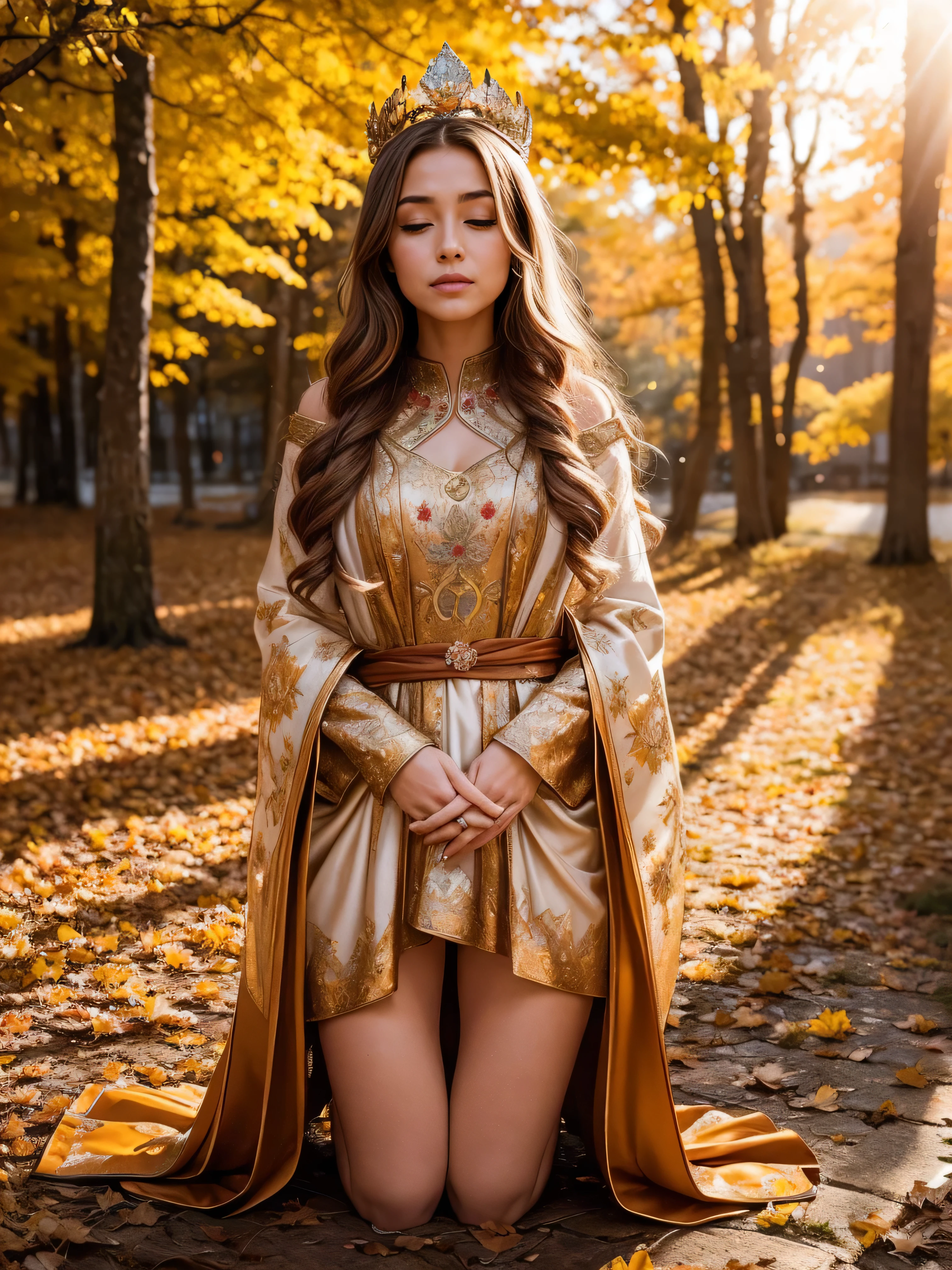 Standing gracefully in the vibrant autumn scenery、A shining and enchanting Nordic goddess. Her flowing chestnut hair cascades down to her shoulders, It is adorned with a crown of gold leaves that reflects the colorful foliage around it.. The ground is covered with autumn leaves . She is wearing an earth-toned gown, It is embroidered with intricate patterns that represent the changing of the seasons.. The soft glow of the setting sun、warm, Heavenly light above her, Add a magical touch to your scenes.shy smile、((left hand up:1.3)), ((Stand knees:1.3)),open her mouth wide,praying hardly