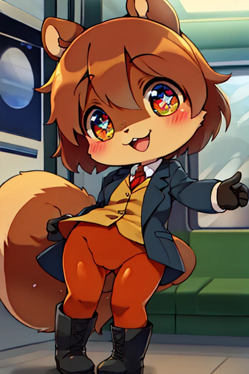 boy, squirrel, furry, bodyfur, blazer, bottomless, color tights, gloves, boots, chibi, happy, sparkling eyes, train, train driver, >_<