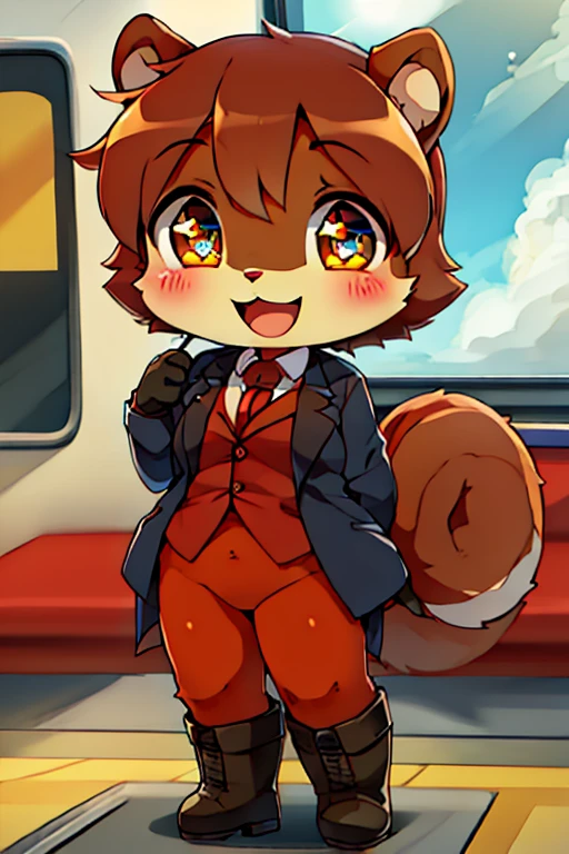 boy, squirrel, furry, bodyfur, blazer, bottomless, color tights, gloves, boots, chibi, happy, sparkling eyes, train, eating candy, sitting