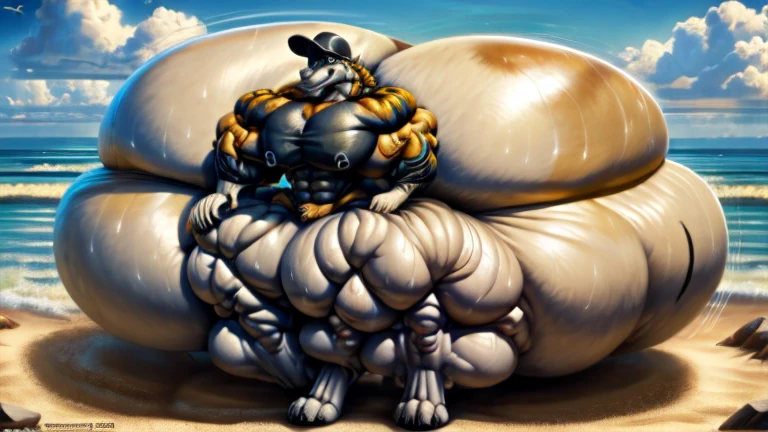 4k, high resolution, best quality, perfect lightning, perfect, solo, anthro, young, boy,white wolf:2.0, furry body, (fluffy mane:1.2), fluffy tail, male, adult, (bulky2:0, thick muscles2:0, huge muscles:2.0, hyper muscles:2.0), (thick biceps, veiny biceps, broad shoulders:2.0), (thick legs, thick calves:1.1), (digitigrade legs, 4 toes:1.2), perfect colors, (photorealistic fur, detailed fur, epic, masterpiece), (suggestive posing:1.2), (seductive smile, lustful grin 1.3), detailed beach,detailed wolf eyes:2.0, by k0suna, by darkgem,nipple ring,hyper arms:2.0,veins,white body,white fur,hyper butt:2.0,hyper paws:2.0,standing,thick legs,thick butts:2.0,sweat body:2.0,massive butt:2.0,black hat,hyper ass:2.0,huge ass,long legs,juicy butt:2.0,butt like a mountain,butt with colorful patterns,wide butt