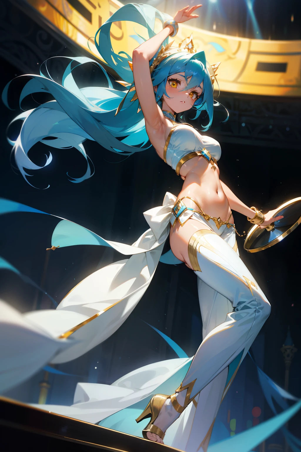 Anime belly dancer with blue hair twirling around her, wearing white flowing clothes that billow out with each movement. Her yellow eyes are intensely focused, casting an alluring and hypnotic gaze upon onlookers. In her raised hand, she holds a metallic tambourine, ready to play the rhythm that enchants the crowd. With every gentle sway of her hips, her blue hair cascades down her back, shimmering under the stage lights. Her slender figure moves gracefully, the white clothes contrasting against her tanned skin, creating an ethereal and mesmerizing performance.