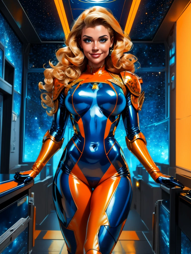Best quality, 4K, american comics art style, vintage space beautiful woman,long curly blonde hair,looking to observer,shy smile,(((detailed sci-fi armor over dark blue and yellow and orange sheer tight latex suit))),in the hallway of a spaceship scenario, ponto de vista de baixo para cima, dramatic lights