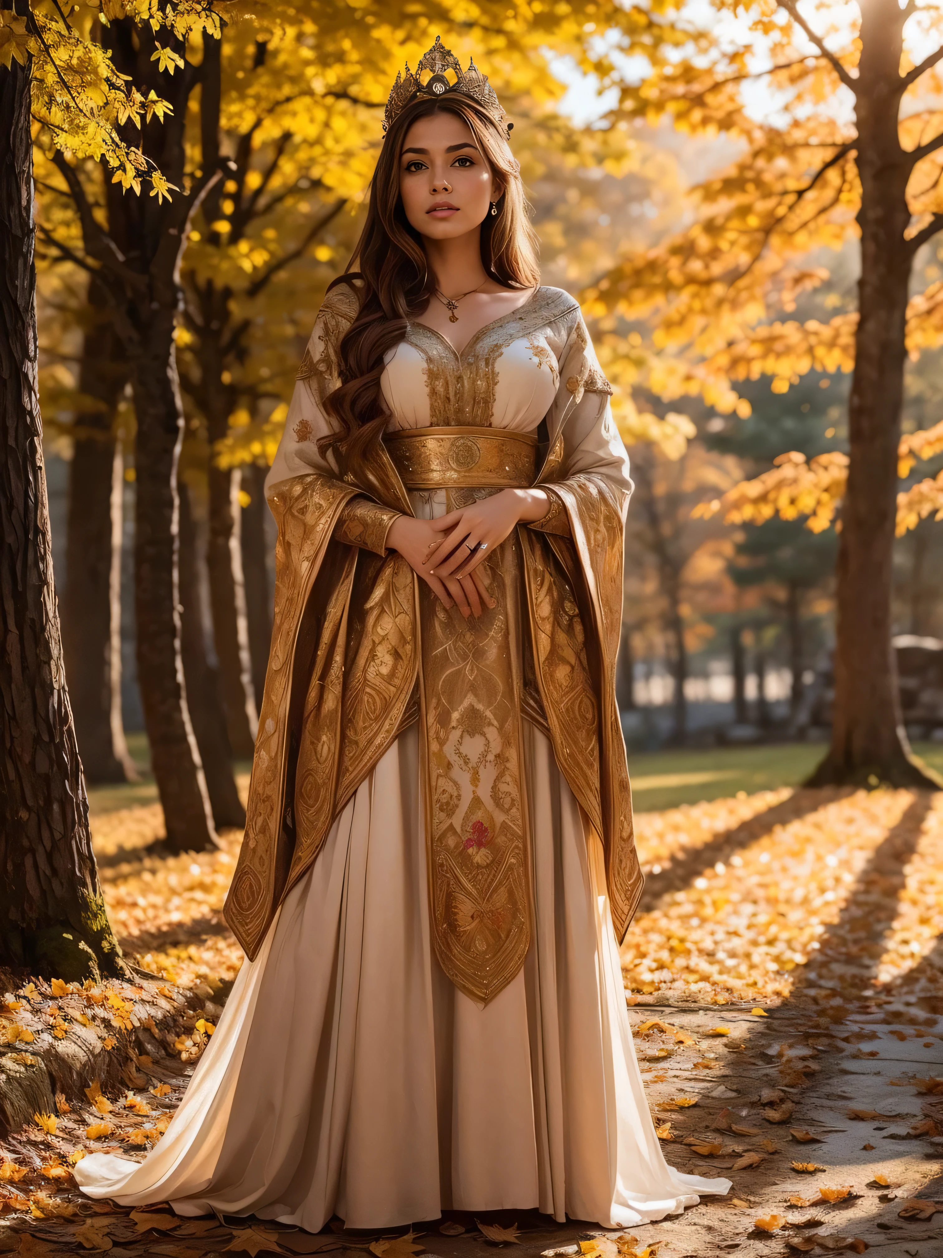 Standing gracefully in the vibrant autumn scenery、A shining and enchanting Nordic goddess. Her flowing chestnut hair cascades down to her shoulders, It is adorned with a crown of gold leaves that reflects the colorful foliage around it.. The ground is covered with autumn leaves . She is wearing an earth-toned gown, It is embroidered with intricate patterns that represent the changing of the seasons.. The soft glow of the setting sun、warm, Heavenly light above her, Add a magical touch to your scenes.