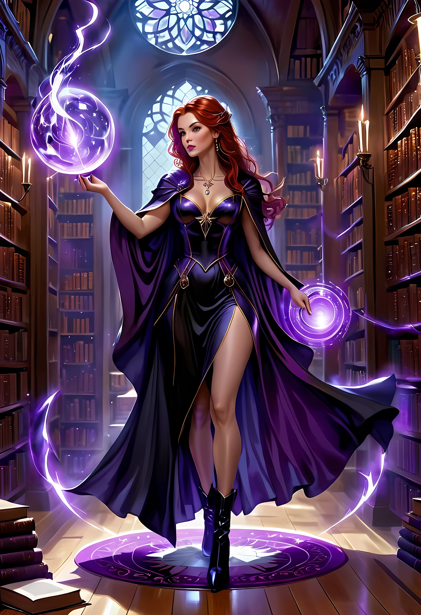 high details, best quality, 16k, [ultra detailed], masterpiece, best quality, (extremely detailed), full body, ultra wide shot, julie bell style (ultra details, Masterpiece, best quality), fantasy art, dnd art,fantasy art, realistic art, a sorceress casting a Glowing Purple spell in magical library (ultra details, Masterpiece, best quality), exquisite beautiful human woman (ultra details, Masterpiece, best quality), red hair, long hair, (long black dress: 1.2), (white cloak: 1.3), high heeled boots (ultra details, Masterpiece, best quality) Glowing Purple