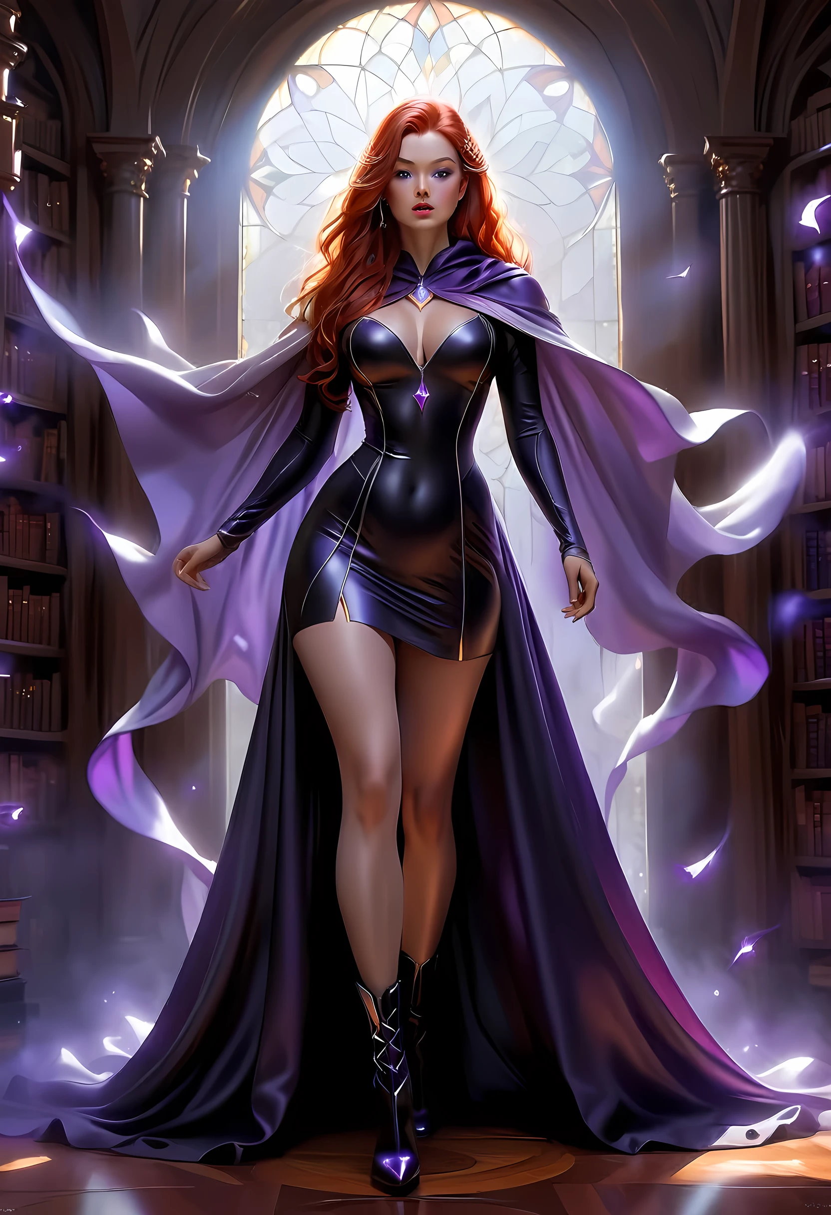 high details, best quality, 16k, [ultra detailed], masterpiece, best quality, (extremely detailed), full body, ultra wide shot, julie bell style (ultra details, Masterpiece, best quality), fantasy art, dnd art,fantasy art, realistic art, a sorceress casting a Glowing Purple spell in magical library (ultra details, Masterpiece, best quality), exquisite beautiful human woman (ultra details, Masterpiece, best quality), red hair, long hair, (long black dress: 1.2), (white cloak: 1.3), high heeled boots (ultra details, Masterpiece, best quality) Glowing Purple