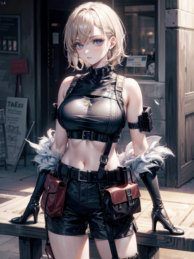 whole body, gunman attire, post apocalyptic desert city, absurdres, RAW photo, extremely delicate and beautiful, masterpiece, Best Quality, ultra high resolution, 32k, hyperrealistic, ultra-detailed, detailed description, pale skin, 20 years old, detailed beautiful face and eyes, tearful mole, earring, Colossal tits, short medium hair, wavy hair, midriff, shorts,