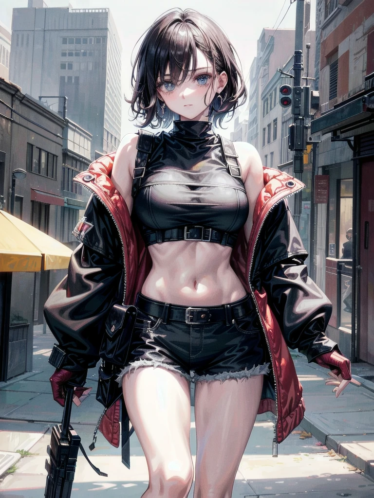 whole body, gunman attire, post apocalyptic desert city, absurdres, RAW photo, extremely delicate and beautiful, masterpiece, Best Quality, ultra high resolution, 32k, hyperrealistic, ultra-detailed, detailed description, pale skin, 20 years old, detailed beautiful face and eyes, tearful mole, earring, Colossal tits, short medium hair, wavy hair, midriff, shorts,