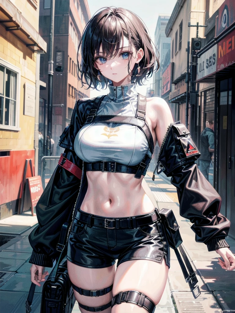 whole body, gunman attire, post apocalyptic desert city, absurdres, RAW photo, extremely delicate and beautiful, masterpiece, Best Quality, ultra high resolution, 32k, hyperrealistic, ultra-detailed, detailed description, pale skin, 20 years old, detailed beautiful face and eyes, tearful mole, earring, Colossal tits, short medium hair, wavy hair, midriff, shorts,