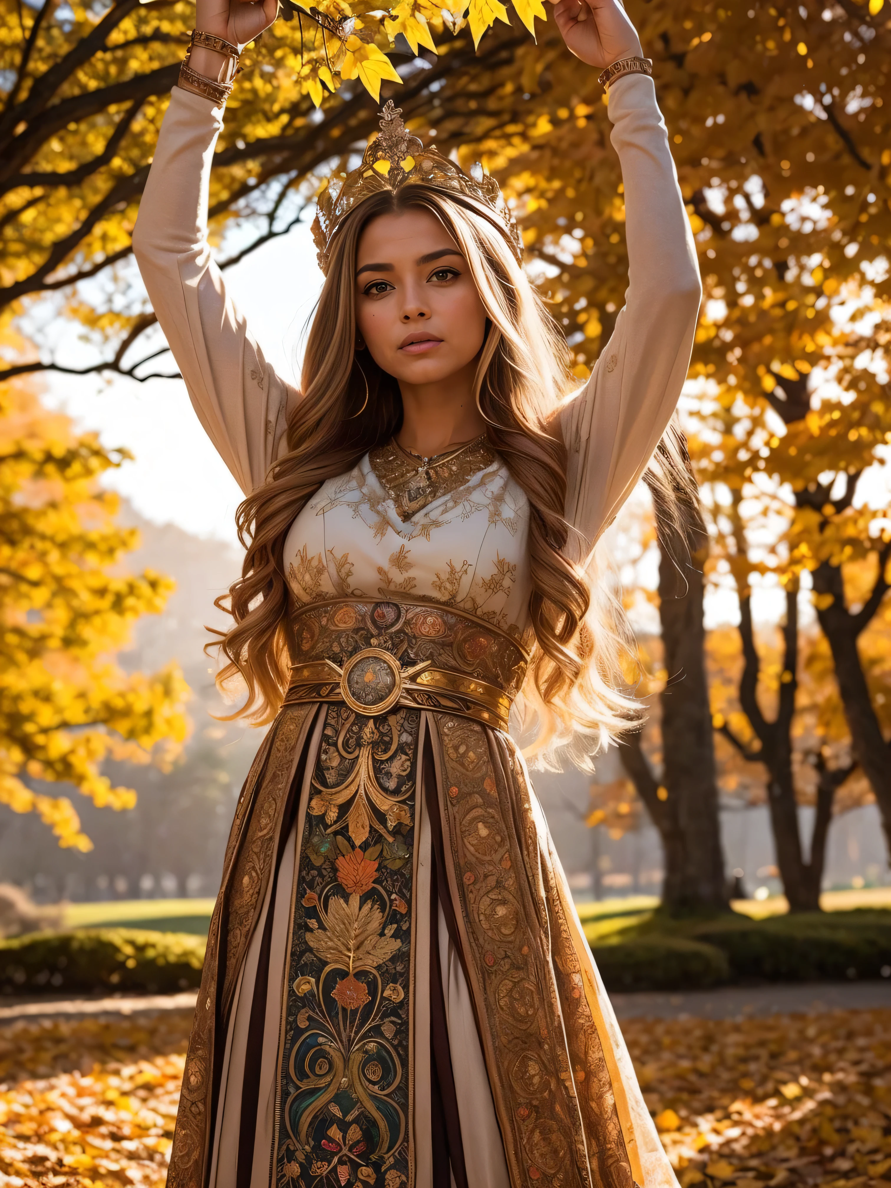 Standing gracefully in the vibrant autumn scenery、A shining and enchanting Nordic goddess. Her flowing chestnut hair cascades down to her shoulders, It is adorned with a crown of gold leaves that reflects the colorful foliage around it.. The ground is covered with autumn leaves . She is wearing an earth-toned gown, It is embroidered with intricate patterns that represent the changing of the seasons.. The soft glow of the setting sun、warm, Heavenly light above her, Add a magical touch to your scenes.((arms up:1.3))、Gazing into the distance and offering a prayer