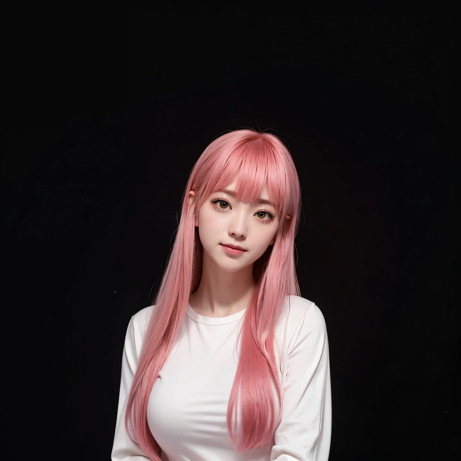 Highest quality、Ultra-high resolution、RAW shooting、Professional Lighting、(ID photo、Facing forward)、25-year-old female、(High tone cherry pink hair)+(Long Hair)+(Align your bangs、Hime cut)、(Yellow Eyes)、White shirt、Huge breasts that look like they might burst、A sloppy smile、Close your mouth、(Sweaty skin)