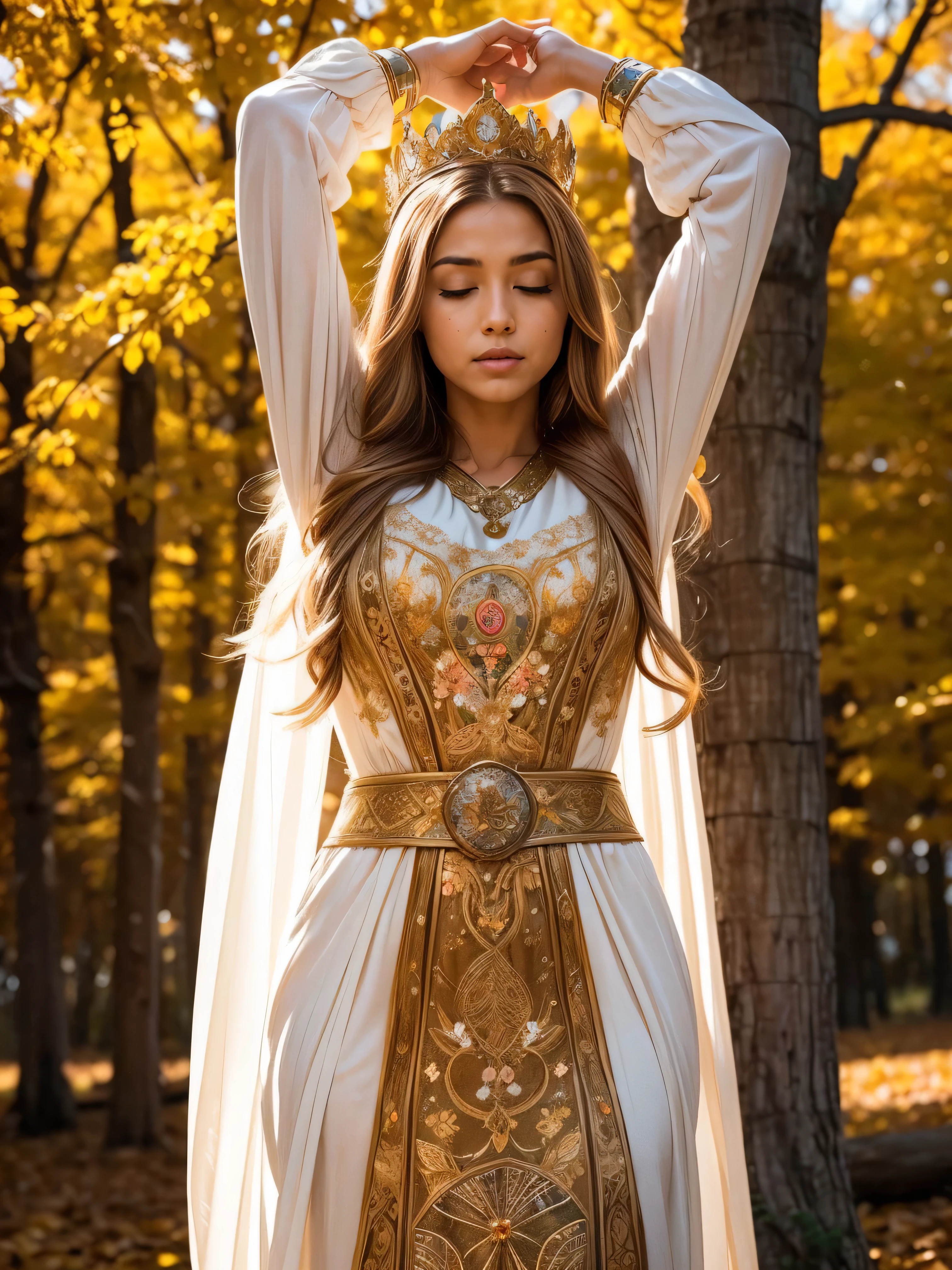 Standing gracefully in the vibrant autumn scenery、A shining and enchanting Nordic goddess. Her flowing chestnut hair cascades down to her shoulders, It is adorned with a crown of gold leaves that reflects the colorful foliage around it.. The ground is covered with autumn leaves . She is wearing an earth-toned gown, It is embroidered with intricate patterns that represent the changing of the seasons.. The soft glow of the setting sun、warm, Heavenly light above her, Add a magical touch to your scenes.((arms up:1.3))、Gazing into the distance and offering a prayer、Close your eyes、Pray loudly and powerfully