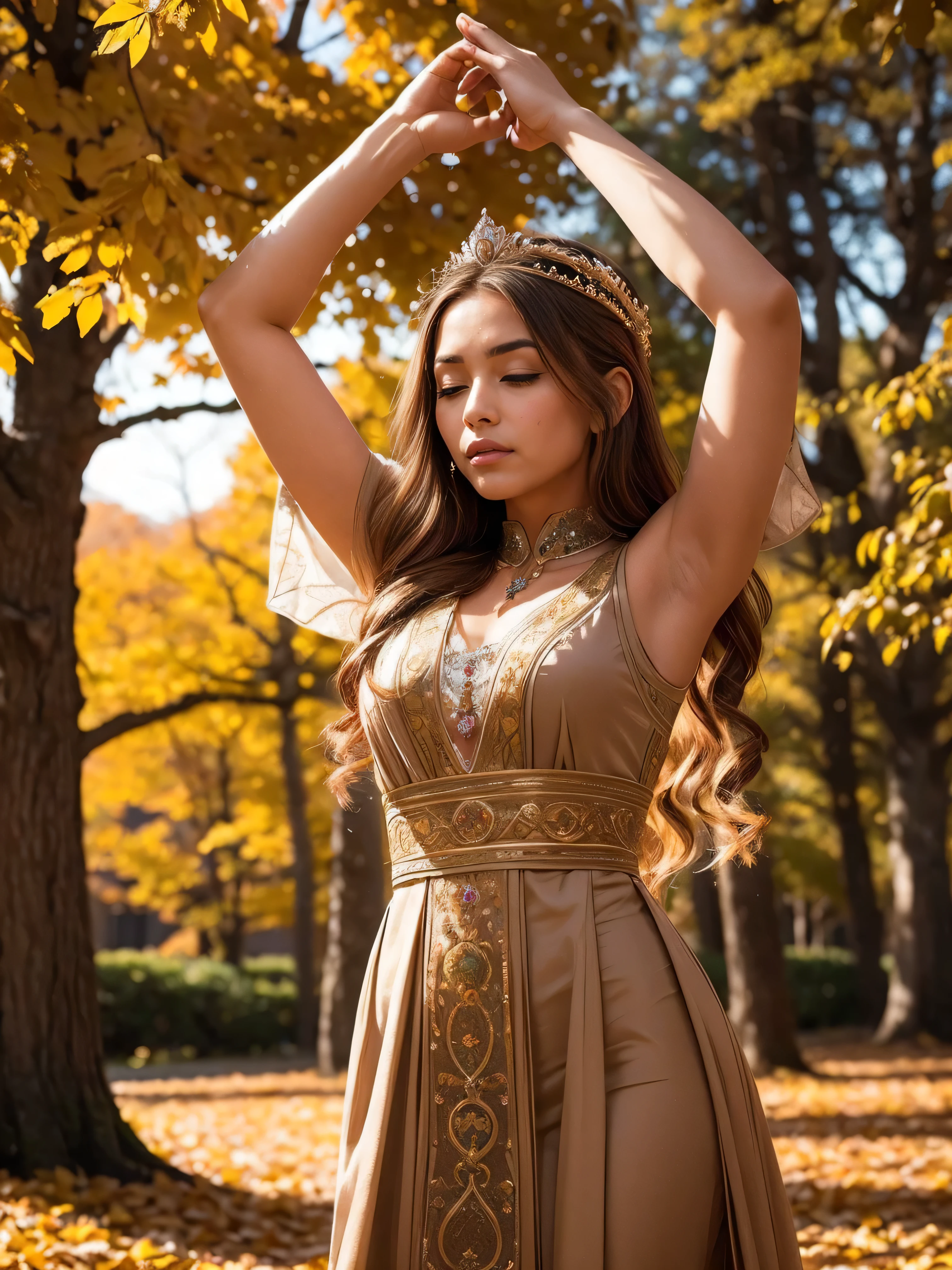 Standing gracefully in the vibrant autumn scenery、A shining and enchanting Nordic goddess. Her flowing chestnut hair cascades down to her shoulders, It is adorned with a crown of gold leaves that reflects the colorful foliage around it.. The ground is covered with autumn leaves . She is wearing an earth-toned gown, It is embroidered with intricate patterns that represent the changing of the seasons.. The soft glow of the setting sun、warm, Heavenly light above her, Add a magical touch to your scenes.((arms up:1.3))、Gazing into the distance and offering a prayer、Close your eyes、Pray loudly and powerfully