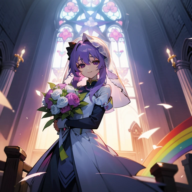 (Masterpiece), Best Quality, expressive eyes, a perfect face, 1girl, solo, purple hair, rainbow eyes, in the church, wedding, wedding  magical donut dress, pretty cure, veil, blusher, Smile, Bouquet in hand, look at the viewer, Shinoa hiiragi, Shinoa attracts