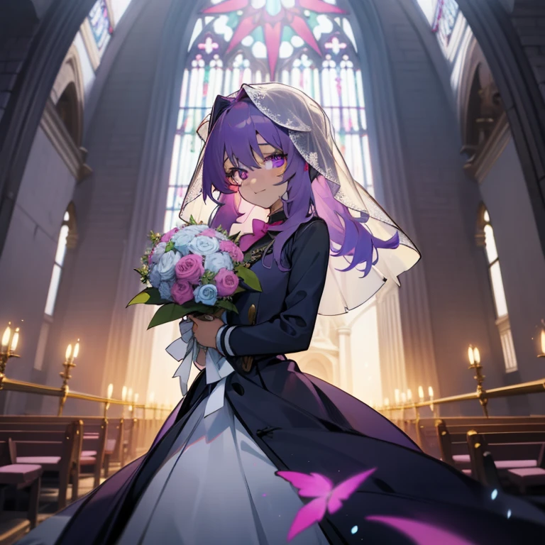 (Masterpiece), Best Quality, expressive eyes, a perfect face, 1girl, solo, purple hair, rainbow eyes, in the church, wedding, wedding  magical donut dress, pretty cure, veil, blusher, Smile, Bouquet in hand, look at the viewer, Shinoa hiiragi, Shinoa attracts