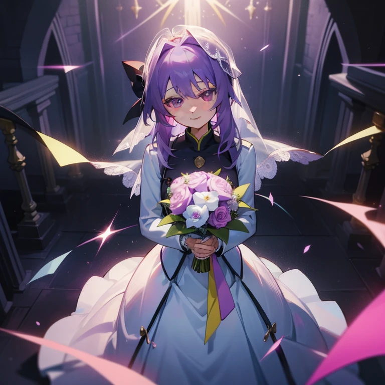 (Masterpiece), Best Quality, expressive eyes, a perfect face, 1girl, solo, purple hair, rainbow eyes, in the church, wedding, wedding  magical donut dress, pretty cure, veil, blusher, Smile, Bouquet in hand, look at the viewer, Shinoa hiiragi, Shinoa attracts