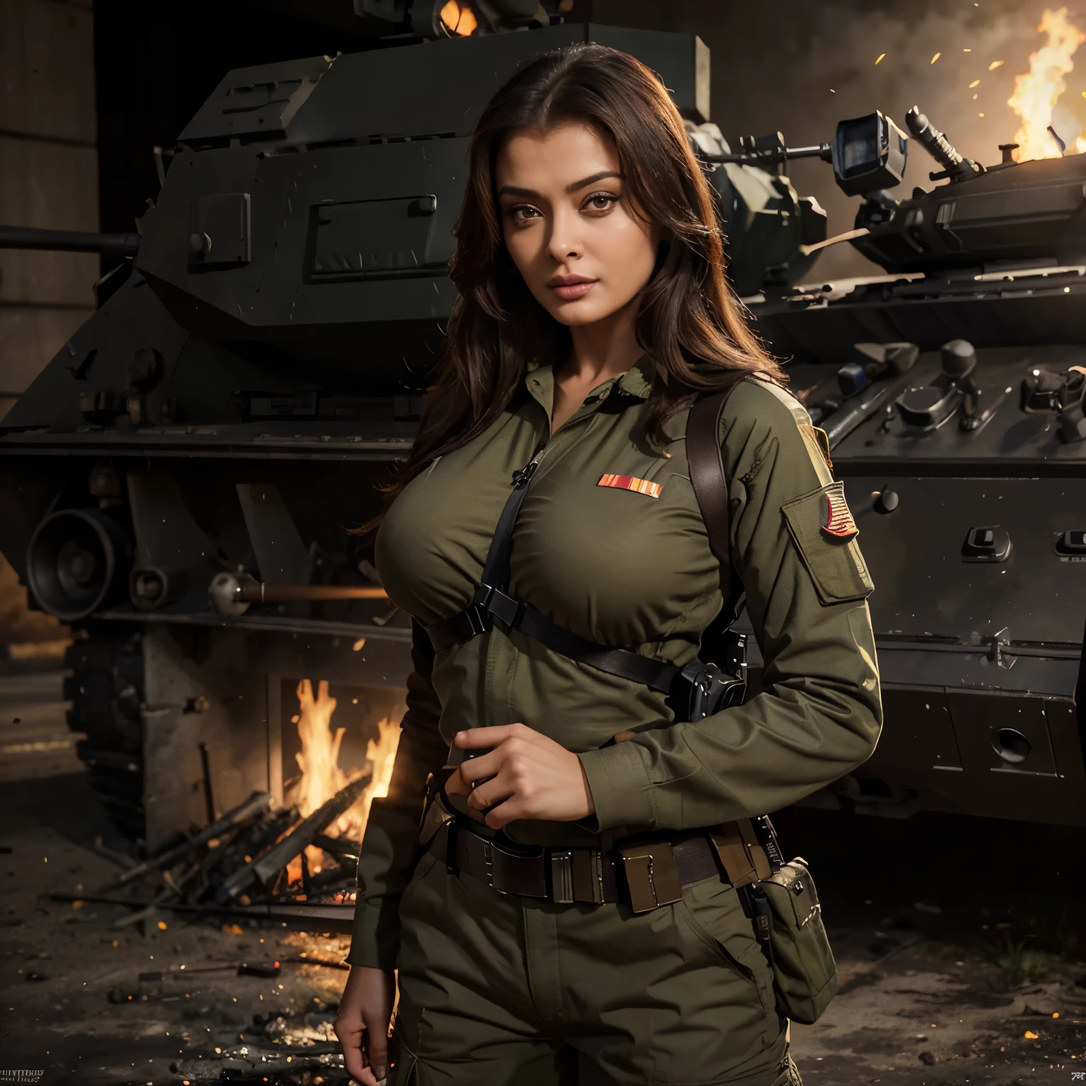 arafed 45YO MATURE MILF AISHWARYA RAI in military uniform posing with rifle in front of fire, wojtek fus, infantry girl, military girl, soldier girl, beautiful female soldier, big breasts:1.4), mechanical soldier girl, deviantart art station cgscosiety, beautiful digital artwork, artwork  guweiz style, ross tran 8 k, cgsociety high definition, cgsociety amazing