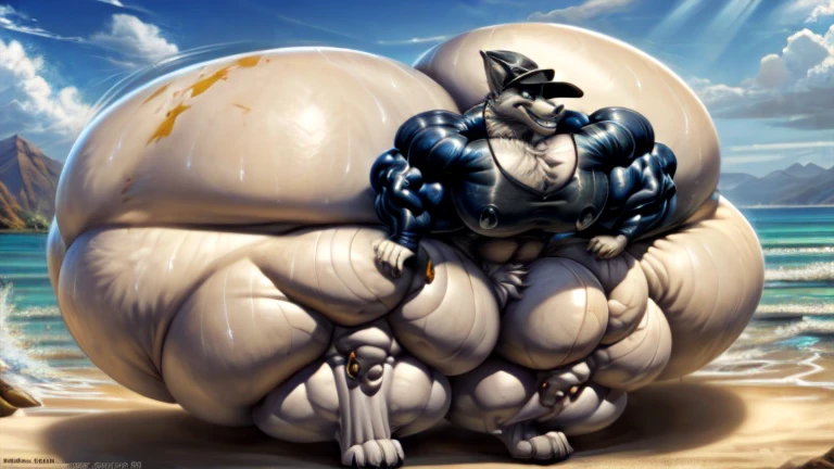 4k, high resolution, best quality, perfect lightning, perfect, solo, anthro, young, boy,white wolf:2.0, furry body, (fluffy mane:1.2), fluffy tail, male, adult, (bulky2:0, thick muscles2:0, huge muscles:2.0, hyper muscles:2.0), (thick biceps, veiny biceps, broad shoulders:2.0), (thick legs, thick calves:1.1), (digitigrade legs, 4 toes:1.2), perfect colors, (photorealistic fur, detailed fur, epic, masterpiece), (suggestive posing:1.2), (seductive smile, lustful grin 1.3), detailed beach,detailed wolf eyes:2.0, by k0suna, by darkgem,nipple ring,hyper arms:2.0,veins,white body,white fur,hyper butt:2.0,hyper paws:2.0,standing,thick legs,thick butts:2.0,sweat body:2.0,massive butt:2.0,black hat,hyper ass:2.0,huge ass,long legs,juicy butt:2.0,butt like a mountain,butt with colorful patterns,wide butt