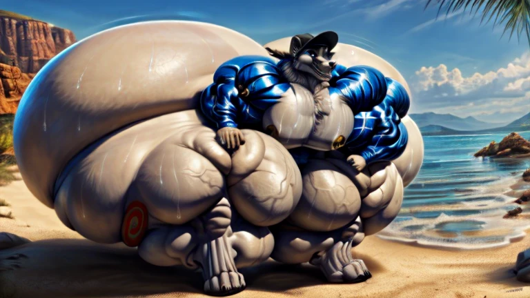 4k, high resolution, best quality, perfect lightning, perfect, solo, anthro, young, boy,white wolf:2.0, furry body, (fluffy mane:1.2), fluffy tail, male, adult, (bulky2:0, thick muscles2:0, huge muscles:2.0, hyper muscles:2.0), (thick biceps, veiny biceps, broad shoulders:2.0), (thick legs, thick calves:1.1), (digitigrade legs, 4 toes:1.2), perfect colors, (photorealistic fur, detailed fur, epic, masterpiece), (suggestive posing:1.2), (seductive smile, lustful grin 1.3), detailed beach,detailed wolf eyes:2.0, by k0suna, by darkgem,nipple ring,hyper arms:2.0,veins,white body,white fur,hyper butt:2.0,hyper paws:2.0,standing,thick legs,thick butts:2.0,sweat body:2.0,massive butt:2.0,black hat,hyper ass:2.0,huge ass,long legs,juicy butt:2.0,butt like a mountain,butt with colorful patterns,wide butt,hyper wide butt