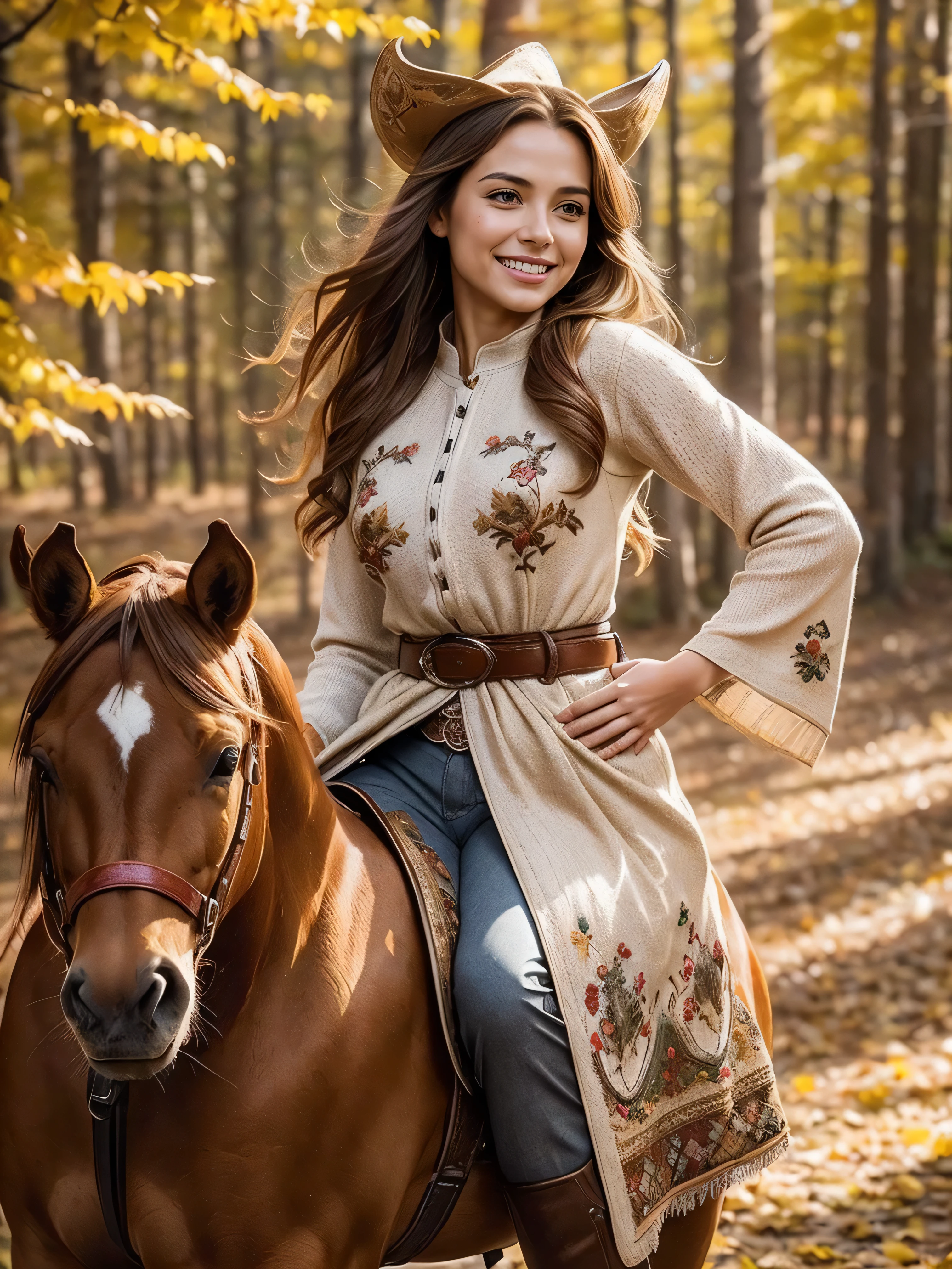 Standing gracefully in the vibrant autumn scenery、A shining and enchanting Nordic goddess. Her flowing chestnut hair cascades down to her shoulders, It is adorned with a crown of gold leaves that reflects the colorful foliage around it.. The ground is covered with autumn leaves . She is wearing an earth-toned gown, It is embroidered with intricate patterns that represent the changing of the seasons.. The soft glow of the setting sun、warm, Heavenly light above her, Add a magical touch to your scenes. ((horseback riding, riding a horse, pants, cowboy shot, boots, smile, belly button, belt: 1.3),