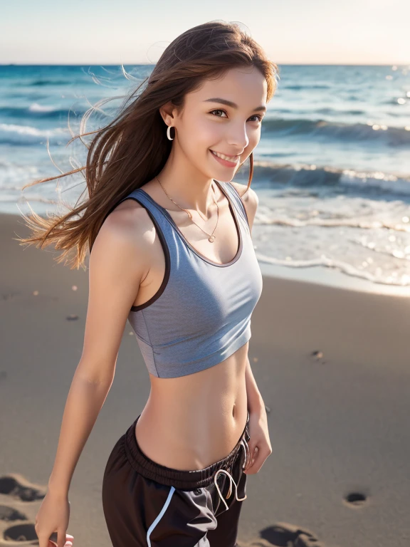 masterpiece, highest quality, High resolution,,A Girl Standing On The Beach, alone,Brown Hair, Small earrings Long hair, Sports Style,outside,Pants Style,Aqua Eye,morning,Best lighting,sun,Girl in sportswear,,Girl in running shoes,clavicle,Tall,Flat Chest,smile,Viewer's perspective,Japanese,valley,Seaside