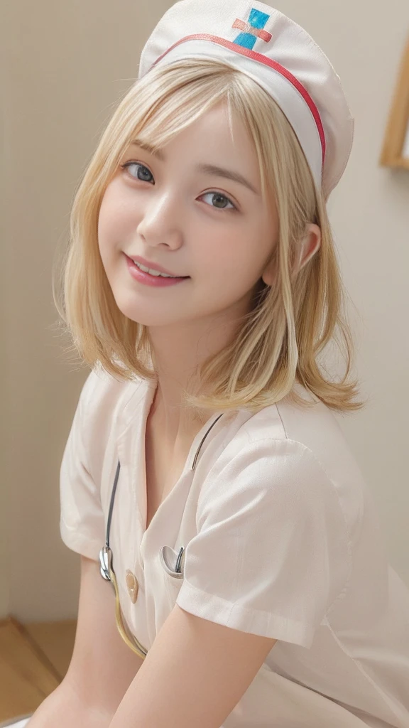 (highest quality,4K,8k,High resolution,masterpiece:1.5),Very detailed,(Realistic,photoRealistic,photo-Realistic:1.37) Portraiture,(A Japanese Girl With Incredibly slim body:2.0),(Her face looks ultra baby-like:2.0),
(Images of her alone:2.0),(Cute Breasts:1.25),(Close-up of her eyes:2.0),(Impressive Features,Super cute and a big idol-like smile:1.5),(Ultra beautiful even left and right eyes with a clear expression:2.0),Beautifully shaped eyebrows,Captivating gaze, pale pink lips,Naturally Rosy Cheeks,Vivid charm,Perfect white skin,Subtle shading,Realistic rendering,(She is wearing a (White:1.0) nurse’s uniform:1.5),(Nurse's Cap:1.5),(Super Short Blonde Hair:1.5),The golden sunlight gently illuminates the landscape.,Elegant and graceful posture,Create a quiet and serene atmosphere,She is in the examination room.