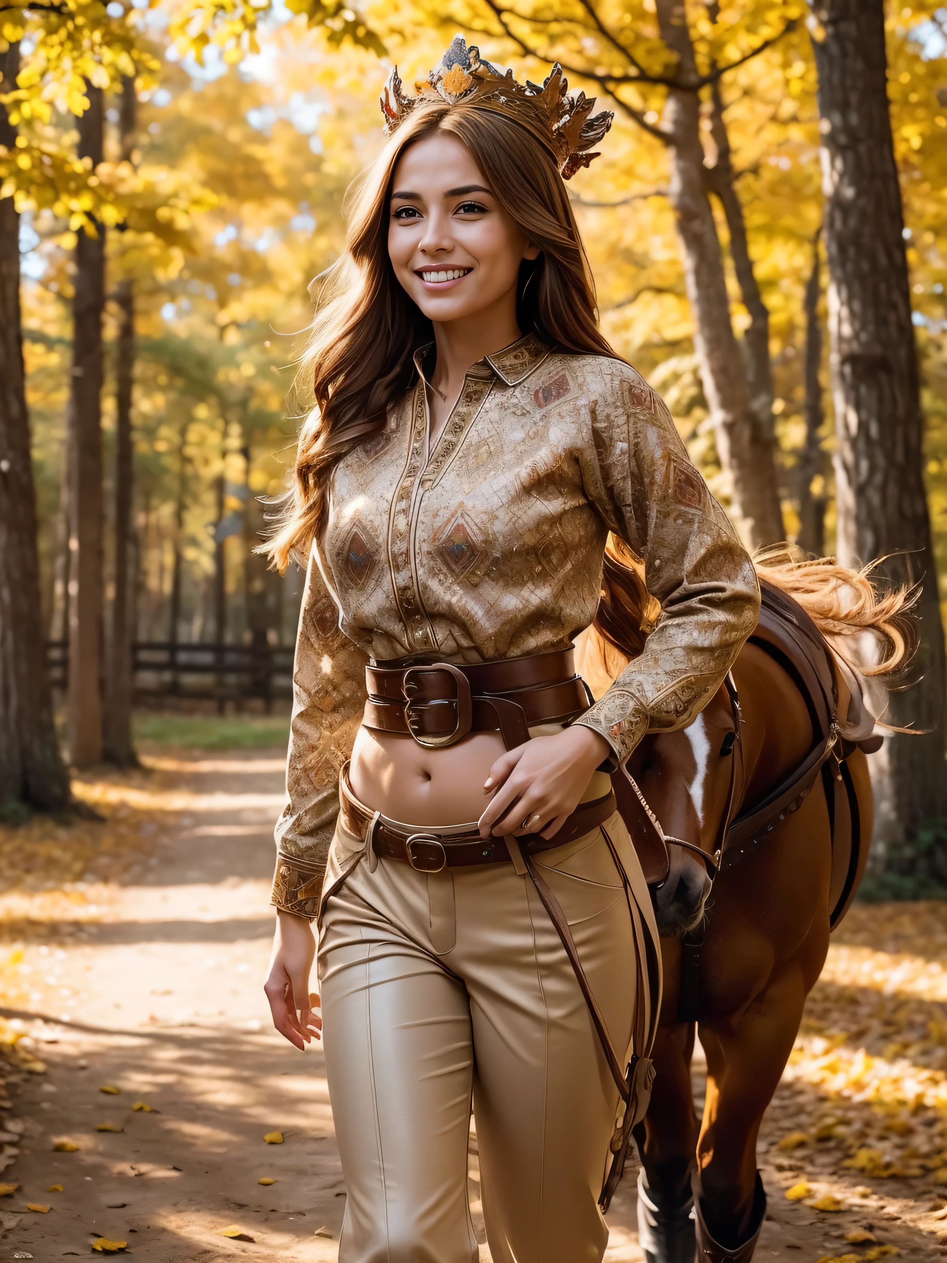 Standing gracefully in the vibrant autumn scenery、A shining and enchanting Nordic goddess. Her flowing chestnut hair cascades down to her shoulders, It is adorned with a crown of gold leaves that reflects the colorful foliage around it.. The ground is covered with autumn leaves . She is wearing an earth-toned gown, It is embroidered with intricate patterns that represent the changing of the seasons.. The soft glow of the setting sun、warm, Heavenly light above her, Add a magical touch to your scenes.　((horseback riding, riding a horse, pants, cowboy shot, boots, smile, belly button, belt: 1.3),