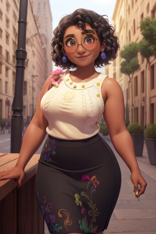 Mirabel Madrigal,  glasses, smile, ((Sleeveless sweater)), market background, (((pencil skirt))), (((dark skin))), detailed skin, PERFECT LEGS, A perfect hips, (((curvy body)))