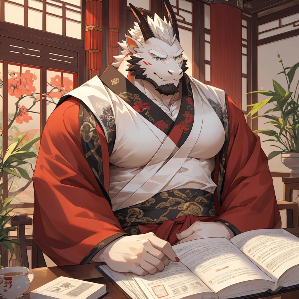 (white eastern dragon),furry,fuii body shot,white mustache,big pecs,hearty males,artbook,muscular,black Hanfu,holding_stylus,sitting_on_desk,adult,traditional_chinese_room