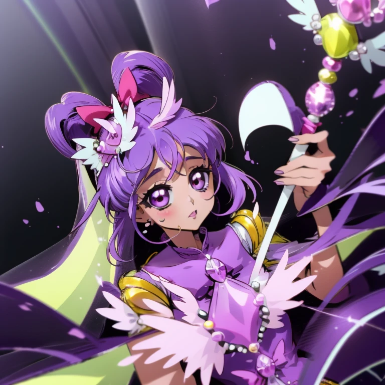 (Masterpiece), Best Quality, expressive eyes, a perfect face, 1girl, solo, purple hair, rainbow eyes, in the church, wedding, wedding  magical donut dress, pretty cure, veil, blusher, Smile, Bouquet in hand, look at the viewer, Shinoa hiiragi, Shinoa attracts