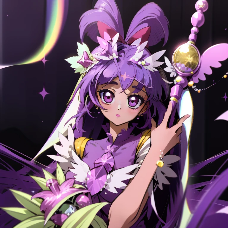 (Masterpiece), Best Quality, expressive eyes, a perfect face, 1girl, solo, purple hair, rainbow eyes, in the church, wedding, wedding  magical donut dress, pretty cure, veil, blusher, Smile, Bouquet in hand, look at the viewer, Shinoa hiiragi, Shinoa attracts