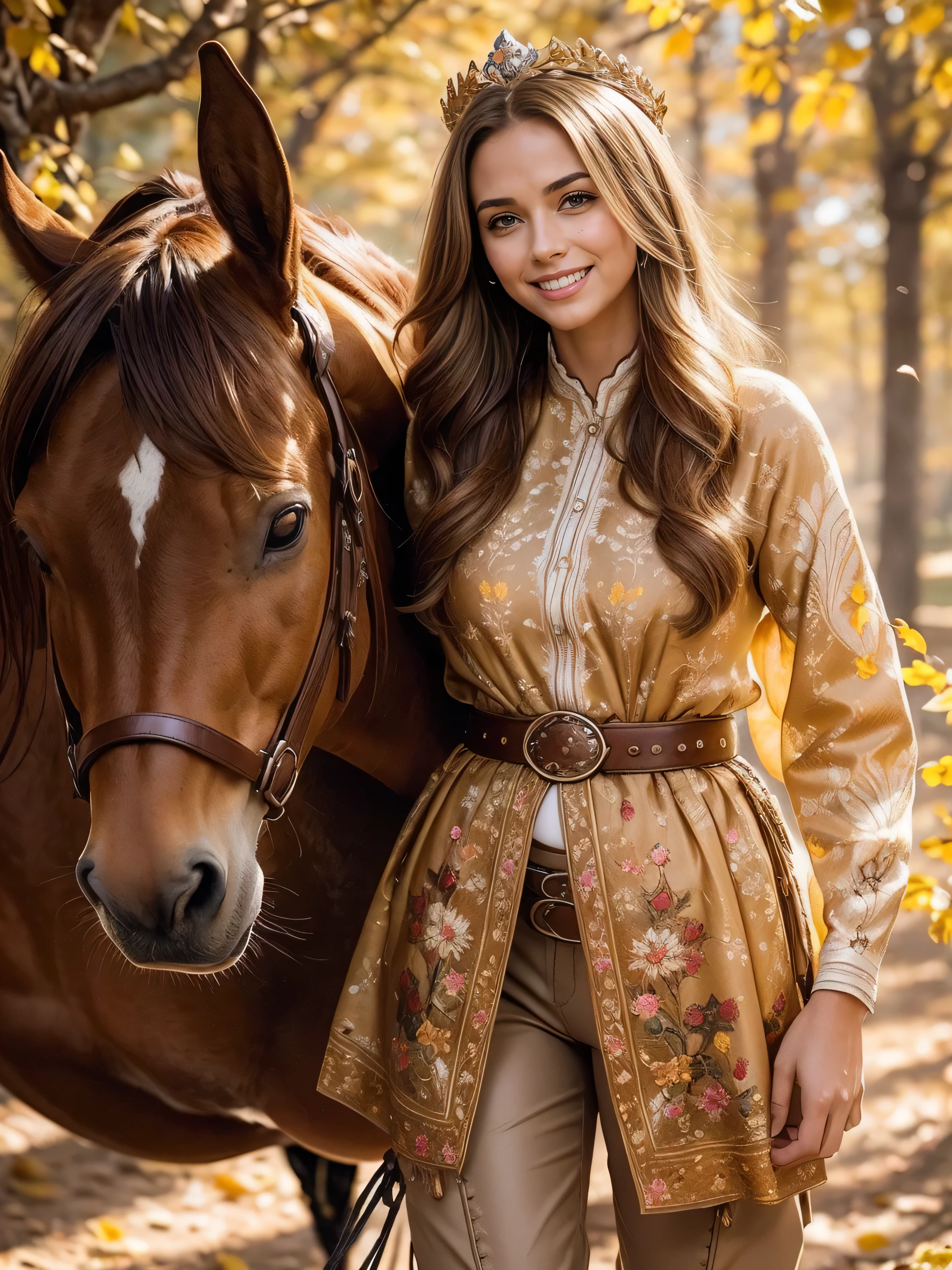 Standing gracefully in the vibrant autumn scenery、A shining and enchanting Nordic goddess. Her flowing chestnut hair cascades down to her shoulders, It is adorned with a crown of gold leaves that reflects the colorful foliage around it.. The ground is covered with autumn leaves . She is wearing an earth-toned gown, It is embroidered with intricate patterns that represent the changing of the seasons.. The soft glow of the setting sun、warm, Heavenly light above her, Add a magical touch to your scenes. ((horseback riding, riding a horse, pants, cowboy shot, boots, smile, belly button, belt: 1.3),