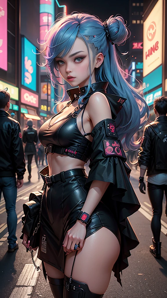 masterpiece, best quality, 2 cyberpunk girls standing together taking selfie portrait, ((((Harajuku-inspired cyberpunk clothing)))), bold colors and patterns, eye-catching accessories, trendy and innovative hairstyle))), dazzling Cyberpunk cityscape, skyscrapers, glowing neon signs, LED lights, anime illustration, detailed skin texture, detailed cloth texture, beautiful detailed face, intricate details, ultra detailed, cinematic lighting, strong contrast.