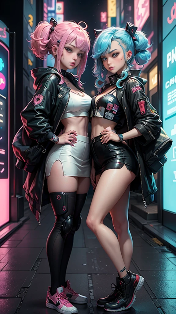 masterpiece, best quality, 2 cyberpunk girls standing together taking selfie portrait, ((((Harajuku-inspired cyberpunk clothing)))), bold colors and patterns, eye-catching accessories, trendy and innovative hairstyle))), dazzling Cyberpunk cityscape, skyscrapers, glowing neon signs, LED lights, anime illustration, detailed skin texture, detailed cloth texture, beautiful detailed face, intricate details, ultra detailed, cinematic lighting, strong contrast.