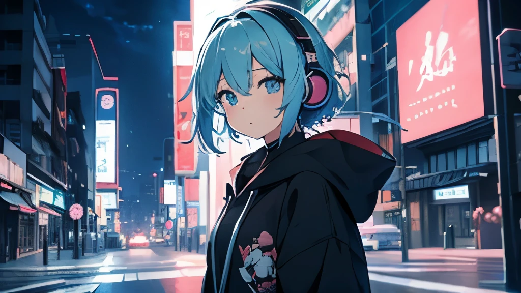 　Tsundere　Main female　The background is blurred　Draw only the upper body　Blue Hair Woman　Style artwork of Gwyze with headphones、Beautiful Anime、 alone　Gwys、Beautiful Anime girl、Beautiful Anime girl、Turquoise hair anime girl、Anime Style。8k、Bowwater Art Style、Beautiful digital illustrations、Beautiful character drawings,  LOFI Girl, Lo-fi art style,, Halfbeak, Anime atmosphere, 富士フイルムと混ぜたAnime Style, Digital anime illustration, anime wallpaper 4k　Girl wearing headphones 　Downtown at night　dark cityscape　Wearing a hood　Ghost Town　